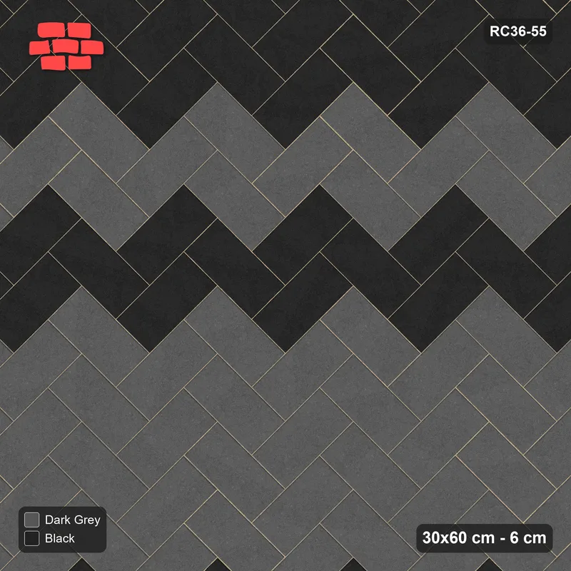 Interlock (Pasco) 30x60 cm · RC36-55 · Diagonal Herringbone, Graded Wide Bands in 30F Kerb Frame · Top view