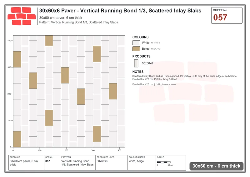 Interlock (Pasco) 30x60 cm · RC36-57 · Vertical Running Bond 1/3, Scattered Inlay Slabs · Laying plan Interlock (Pasco) 30x60 cm · RC36-57 · Vertical Running Bond 1/3, Scattered Inlay Slabs · Laying plan