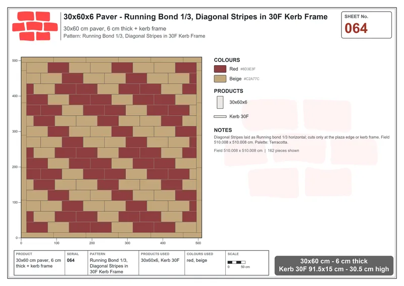 Interlock (Pasco) 30x60 cm · RC36-64 · Running Bond 1/3, Diagonal Stripes in 30F Kerb Frame · Laying plan Interlock (Pasco) 30x60 cm · RC36-64 · Running Bond 1/3, Diagonal Stripes in 30F Kerb Frame · Laying plan