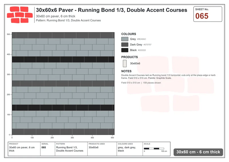 Interlock (Pasco) 30x60 cm · RC36-65 · Running Bond 1/3, Double Accent Courses · Laying plan Interlock (Pasco) 30x60 cm · RC36-65 · Running Bond 1/3, Double Accent Courses · Laying plan