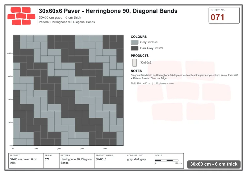 Interlock (Pasco) 30x60 cm · RC36-71 · Herringbone 90, Diagonal Bands · Laying plan Interlock (Pasco) 30x60 cm · RC36-71 · Herringbone 90, Diagonal Bands · Laying plan