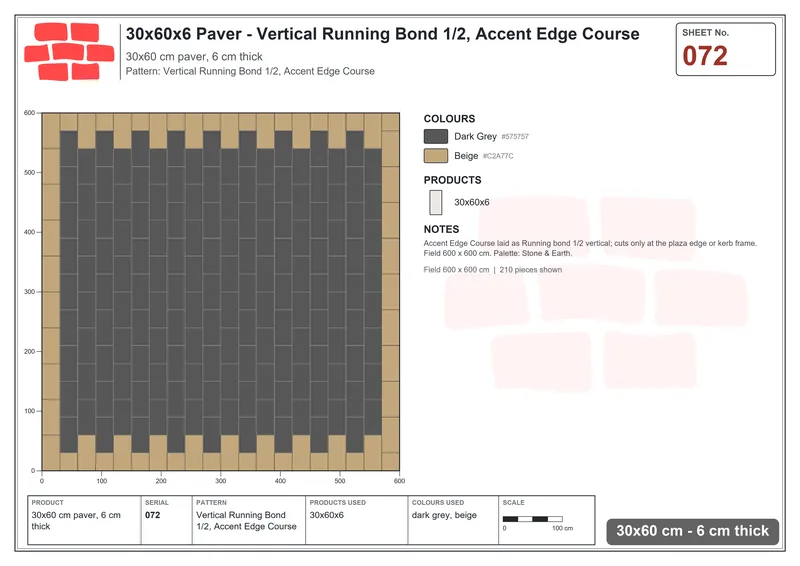 Interlock (Pasco) 30x60 cm · RC36-72 · Vertical Running Bond 1/2, Accent Edge Course · Laying plan Interlock (Pasco) 30x60 cm · RC36-72 · Vertical Running Bond 1/2, Accent Edge Course · Laying plan
