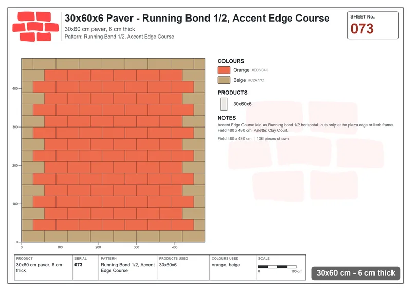 Interlock (Pasco) 30x60 cm · RC36-73 · Running Bond 1/2, Accent Edge Course · Laying plan Interlock (Pasco) 30x60 cm · RC36-73 · Running Bond 1/2, Accent Edge Course · Laying plan