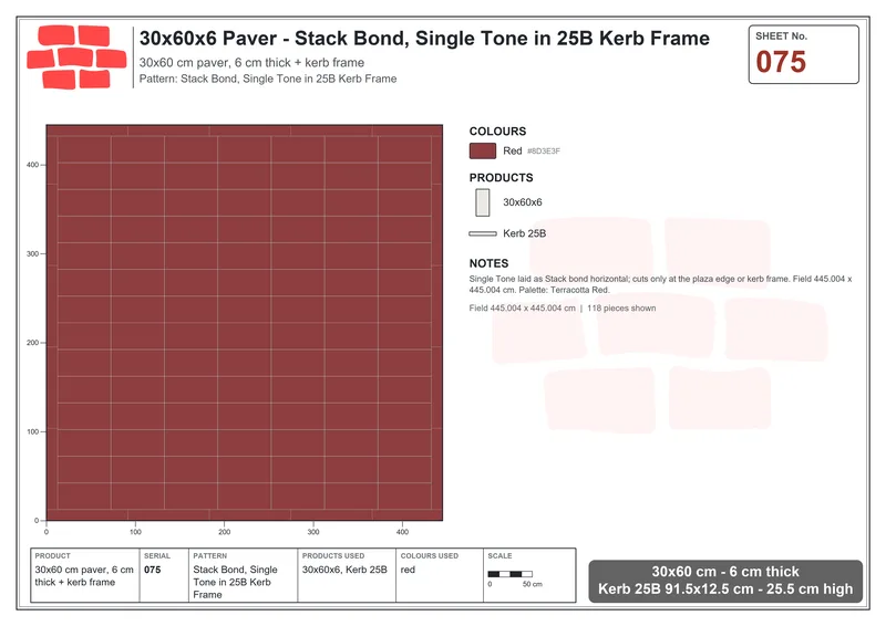 Interlock (Pasco) 30x60 cm · RC36-75 · Stack Bond, Single Tone in 25B Kerb Frame · Laying plan Interlock (Pasco) 30x60 cm · RC36-75 · Stack Bond, Single Tone in 25B Kerb Frame · Laying plan
