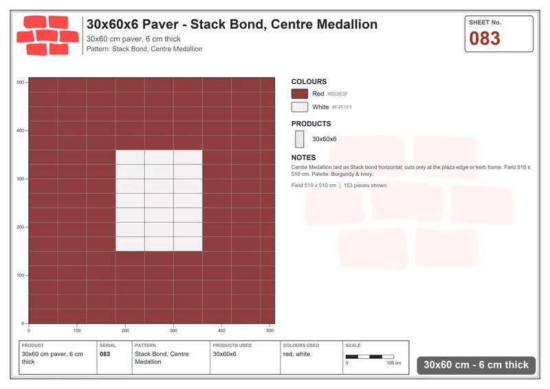 Interlock (Pasco) 30x60 cm · RC36-83 · Stack Bond, Centre Medallion · Laying plan Interlock (Pasco) 30x60 cm · RC36-83 · Stack Bond, Centre Medallion · Laying plan