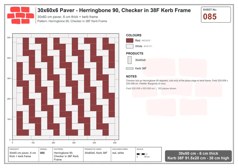 Interlock (Pasco) 30x60 cm · RC36-85 · Herringbone 90, Checker in 38F Kerb Frame · Laying plan Interlock (Pasco) 30x60 cm · RC36-85 · Herringbone 90, Checker in 38F Kerb Frame · Laying plan