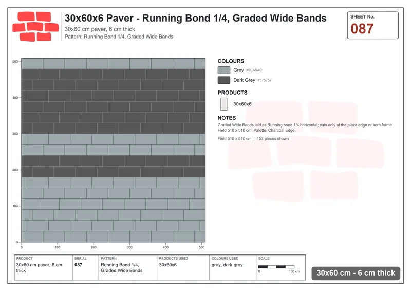Interlock (Pasco) 30x60 cm · RC36-87 · Running Bond 1/4, Graded Wide Bands · Laying plan Interlock (Pasco) 30x60 cm · RC36-87 · Running Bond 1/4, Graded Wide Bands · Laying plan
