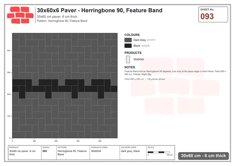 Interlock (Pasco) 30x60 cm · RC36-93 · Herringbone 90, Feature Band · Laying plan Interlock (Pasco) 30x60 cm · RC36-93 · Herringbone 90, Feature Band · Laying plan