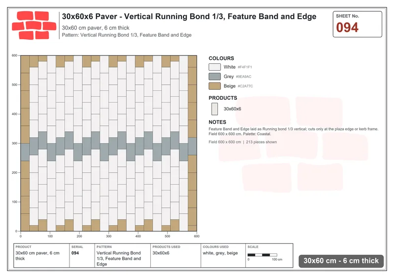 Interlock (Pasco) 30x60 cm · RC36-94 · Vertical Running Bond 1/3, Feature Band and Edge · Laying plan Interlock (Pasco) 30x60 cm · RC36-94 · Vertical Running Bond 1/3, Feature Band and Edge · Laying plan