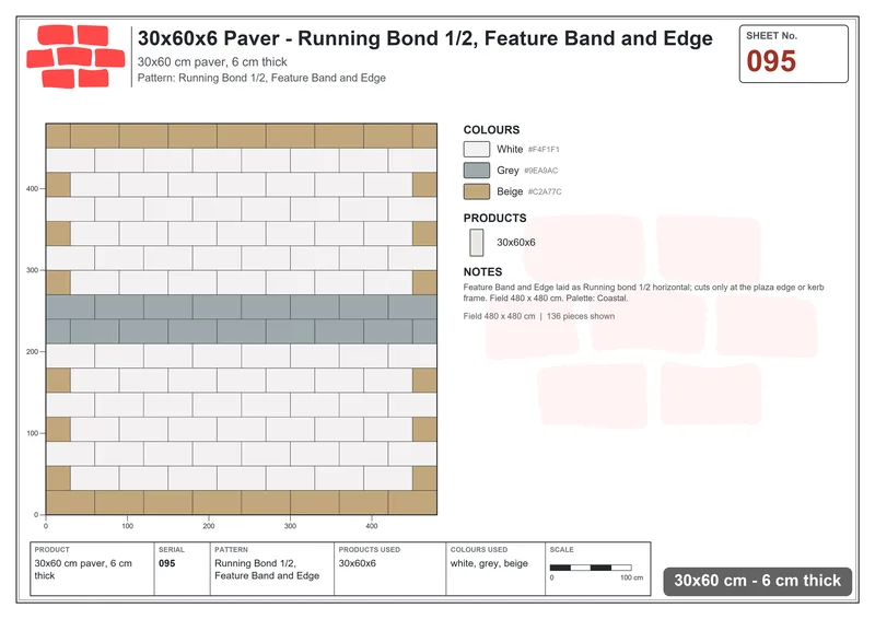 Interlock (Pasco) 30x60 cm · RC36-95 · Running Bond 1/2, Feature Band and Edge · Laying plan Interlock (Pasco) 30x60 cm · RC36-95 · Running Bond 1/2, Feature Band and Edge · Laying plan