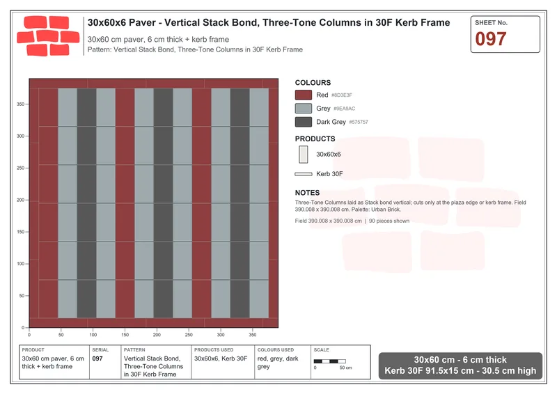 Interlock (Pasco) 30x60 cm · RC36-97 · Vertical Stack Bond, Three-Tone Columns in 30F Kerb Frame · Laying plan Interlock (Pasco) 30x60 cm · RC36-97 · Vertical Stack Bond, Three-Tone Columns in 30F Kerb Frame · Laying plan