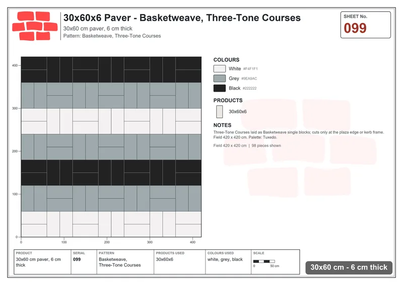 Interlock (Pasco) 30x60 cm · RC36-99 · Basketweave, Three-Tone Courses · Laying plan Interlock (Pasco) 30x60 cm · RC36-99 · Basketweave, Three-Tone Courses · Laying plan
