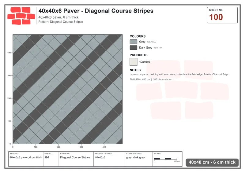 Interlock (Pasco) 40x40 cm · SQ44-100 · Diagonal Course Stripes · Laying plan Interlock (Pasco) 40x40 cm · SQ44-100 · Diagonal Course Stripes · Laying plan