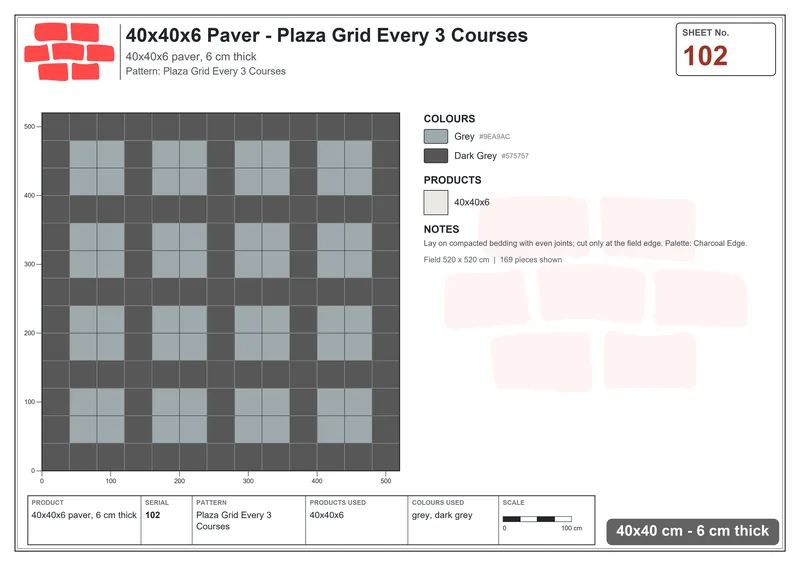 Interlock (Pasco) 40x40 cm · SQ44-102 · Plaza Grid Every 3 Courses · Laying plan Interlock (Pasco) 40x40 cm · SQ44-102 · Plaza Grid Every 3 Courses · Laying plan