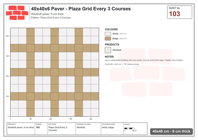 Interlock (Pasco) 40x40 cm · SQ44-103 · Plaza Grid Every 3 Courses · Laying plan Interlock (Pasco) 40x40 cm · SQ44-103 · Plaza Grid Every 3 Courses · Laying plan