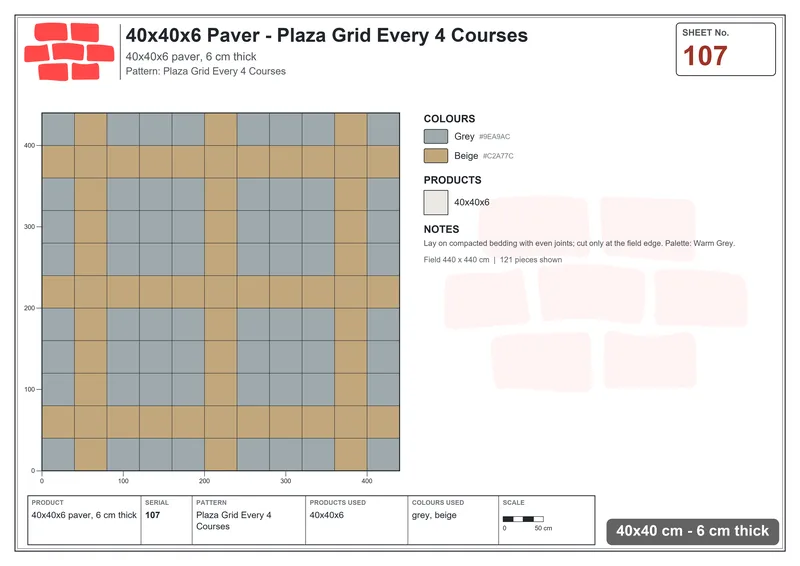 Interlock (Pasco) 40x40 cm · SQ44-107 · Plaza Grid Every 4 Courses · Laying plan Interlock (Pasco) 40x40 cm · SQ44-107 · Plaza Grid Every 4 Courses · Laying plan