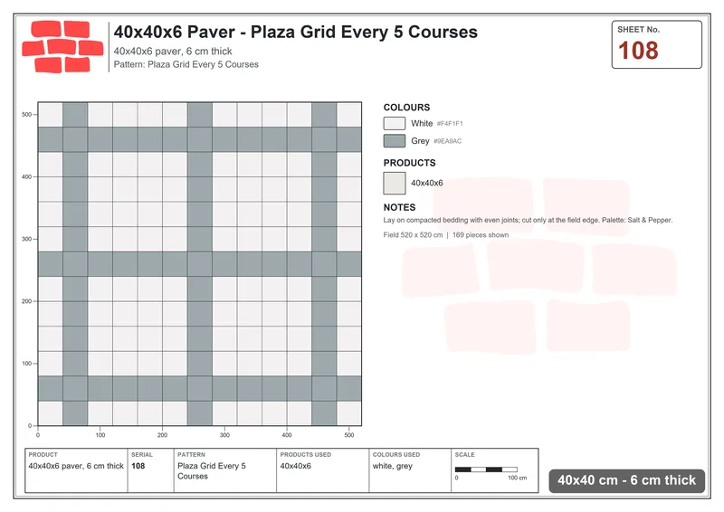 Interlock (Pasco) 40x40 cm · SQ44-108 · Plaza Grid Every 5 Courses · Laying plan Interlock (Pasco) 40x40 cm · SQ44-108 · Plaza Grid Every 5 Courses · Laying plan