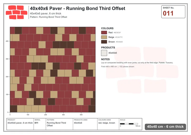 Interlock (Pasco) 40x40 cm · SQ44-11 · Running Bond Third Offset · Laying plan Interlock (Pasco) 40x40 cm · SQ44-11 · Running Bond Third Offset · Laying plan