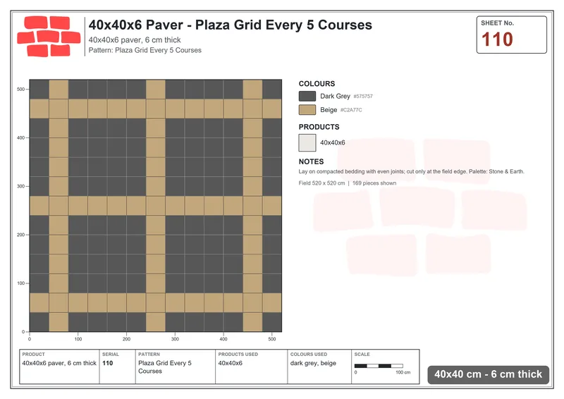 Interlock (Pasco) 40x40 cm · SQ44-110 · Plaza Grid Every 5 Courses · Laying plan Interlock (Pasco) 40x40 cm · SQ44-110 · Plaza Grid Every 5 Courses · Laying plan