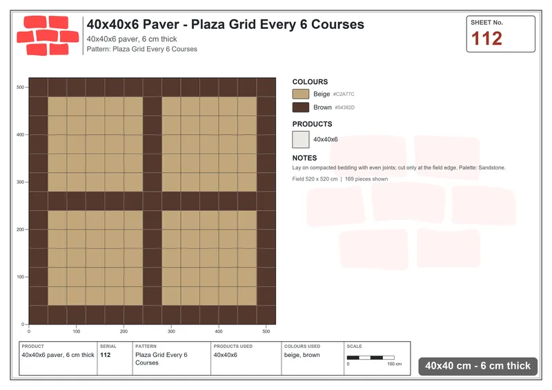 Interlock (Pasco) 40x40 cm · SQ44-112 · Plaza Grid Every 6 Courses · Laying plan Interlock (Pasco) 40x40 cm · SQ44-112 · Plaza Grid Every 6 Courses · Laying plan