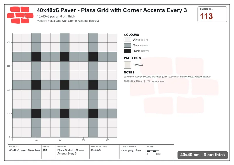 Interlock (Pasco) 40x40 cm · SQ44-113 · Plaza Grid with Corner Accents Every 3 · Laying plan Interlock (Pasco) 40x40 cm · SQ44-113 · Plaza Grid with Corner Accents Every 3 · Laying plan