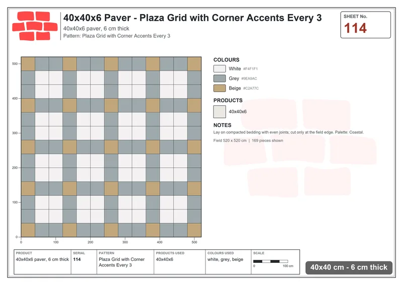 Interlock (Pasco) 40x40 cm · SQ44-114 · Plaza Grid with Corner Accents Every 3 · Laying plan Interlock (Pasco) 40x40 cm · SQ44-114 · Plaza Grid with Corner Accents Every 3 · Laying plan