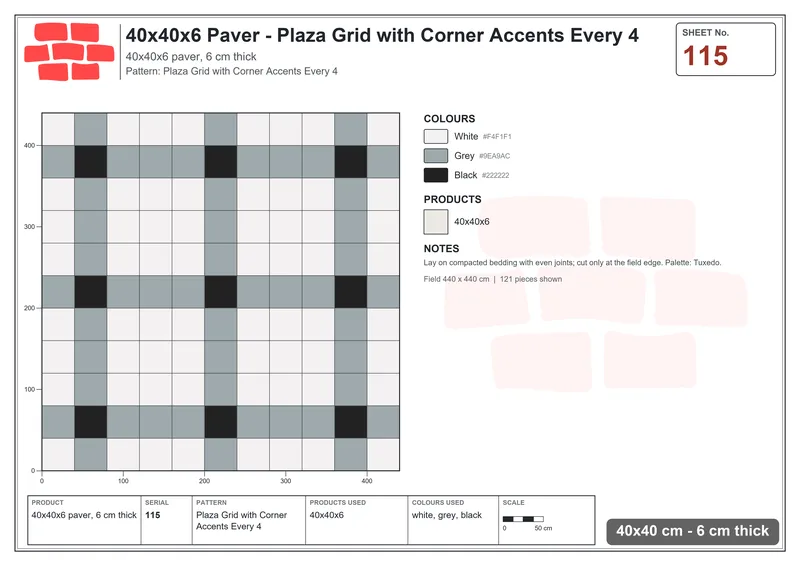 Interlock (Pasco) 40x40 cm · SQ44-115 · Plaza Grid with Corner Accents Every 4 · Laying plan Interlock (Pasco) 40x40 cm · SQ44-115 · Plaza Grid with Corner Accents Every 4 · Laying plan