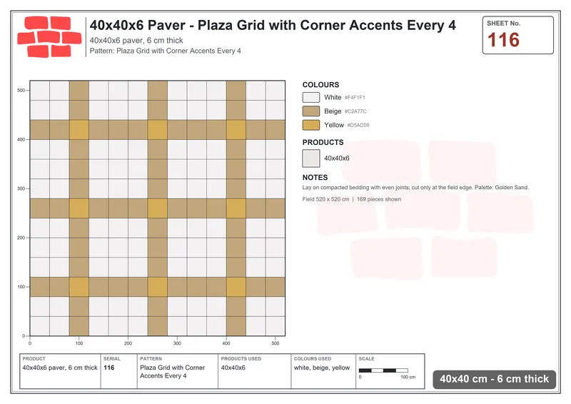 Interlock (Pasco) 40x40 cm · SQ44-116 · Plaza Grid with Corner Accents Every 4 · Laying plan Interlock (Pasco) 40x40 cm · SQ44-116 · Plaza Grid with Corner Accents Every 4 · Laying plan