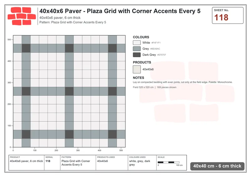 Interlock (Pasco) 40x40 cm · SQ44-118 · Plaza Grid with Corner Accents Every 5 · Laying plan Interlock (Pasco) 40x40 cm · SQ44-118 · Plaza Grid with Corner Accents Every 5 · Laying plan