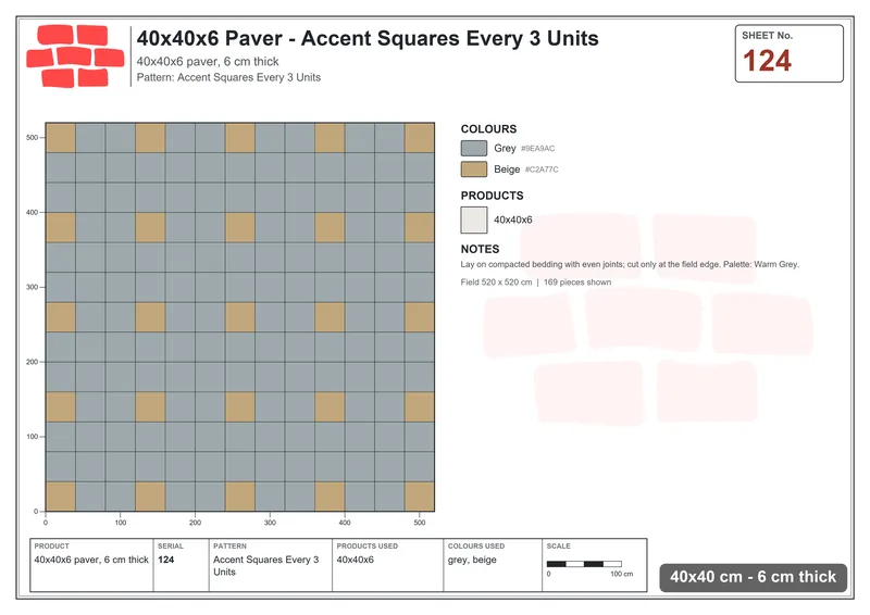 Interlock (Pasco) 40x40 cm · SQ44-124 · Accent Squares Every 3 Units · Laying plan Interlock (Pasco) 40x40 cm · SQ44-124 · Accent Squares Every 3 Units · Laying plan
