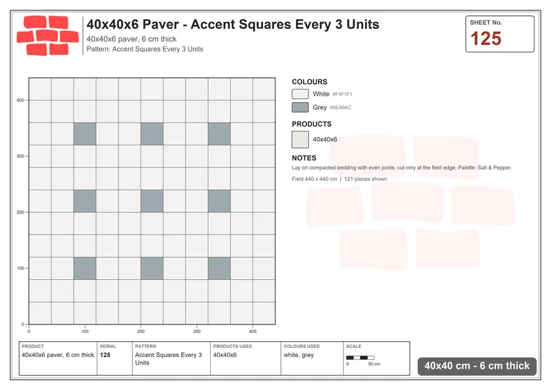 Interlock (Pasco) 40x40 cm · SQ44-125 · Accent Squares Every 3 Units · Laying plan Interlock (Pasco) 40x40 cm · SQ44-125 · Accent Squares Every 3 Units · Laying plan