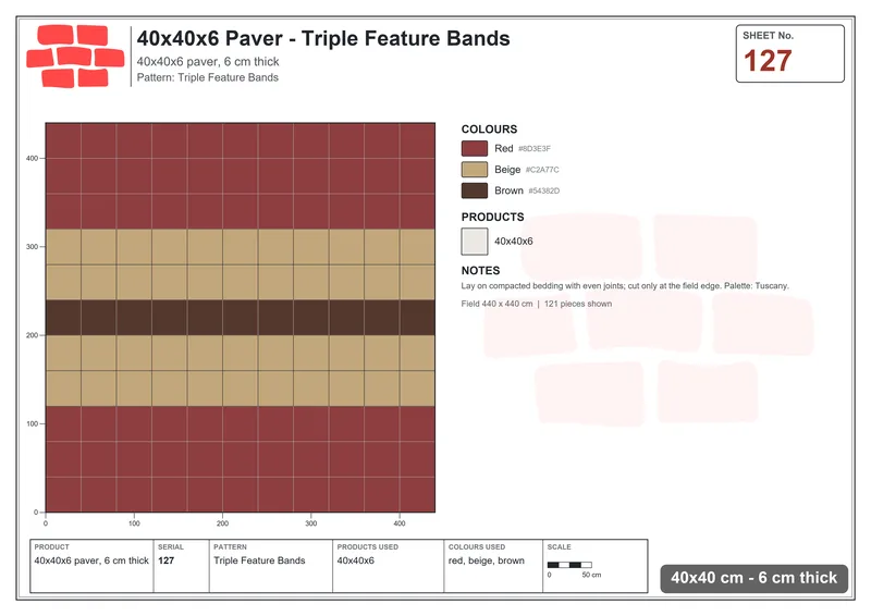 Interlock (Pasco) 40x40 cm · SQ44-127 · Triple Feature Bands · Laying plan Interlock (Pasco) 40x40 cm · SQ44-127 · Triple Feature Bands · Laying plan