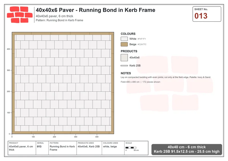 Interlock (Pasco) 40x40 cm · SQ44-13 · Running Bond in Kerb Frame · Laying plan Interlock (Pasco) 40x40 cm · SQ44-13 · Running Bond in Kerb Frame · Laying plan