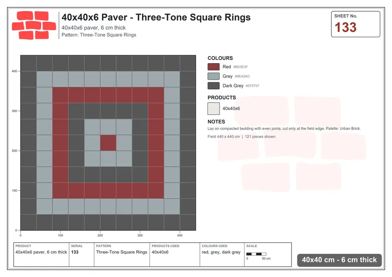 Interlock (Pasco) 40x40 cm · SQ44-133 · Three-Tone Square Rings · Laying plan Interlock (Pasco) 40x40 cm · SQ44-133 · Three-Tone Square Rings · Laying plan