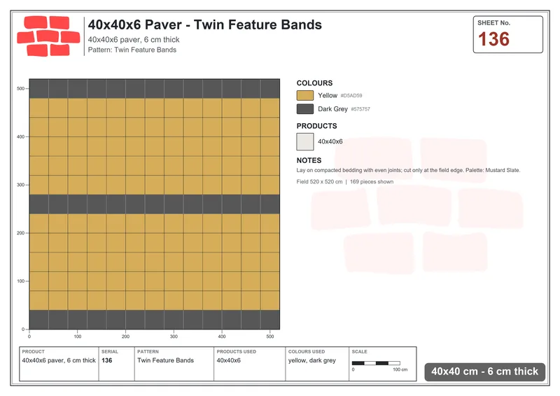 Interlock (Pasco) 40x40 cm · SQ44-136 · Twin Feature Bands · Laying plan Interlock (Pasco) 40x40 cm · SQ44-136 · Twin Feature Bands · Laying plan