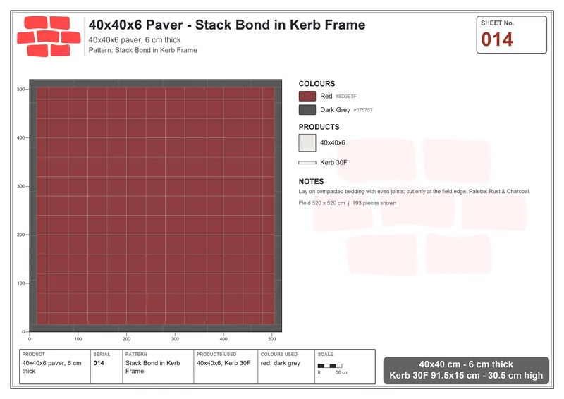 Interlock (Pasco) 40x40 cm · SQ44-14 · Stack Bond in Kerb Frame · Laying plan Interlock (Pasco) 40x40 cm · SQ44-14 · Stack Bond in Kerb Frame · Laying plan