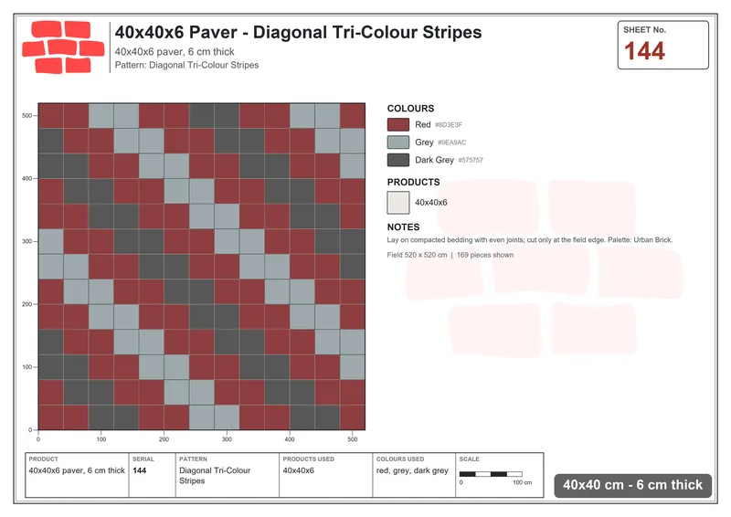 Interlock (Pasco) 40x40 cm · SQ44-144 · Diagonal Tri-Colour Stripes · Laying plan Interlock (Pasco) 40x40 cm · SQ44-144 · Diagonal Tri-Colour Stripes · Laying plan