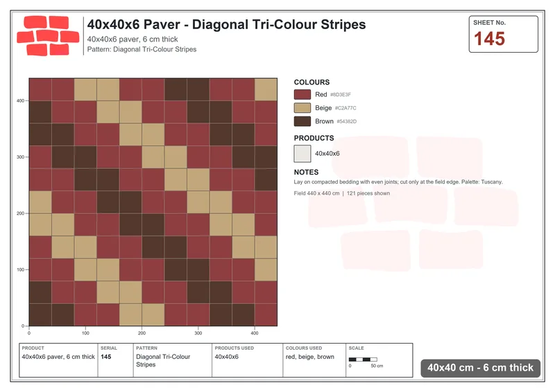 Interlock (Pasco) 40x40 cm · SQ44-145 · Diagonal Tri-Colour Stripes · Laying plan Interlock (Pasco) 40x40 cm · SQ44-145 · Diagonal Tri-Colour Stripes · Laying plan