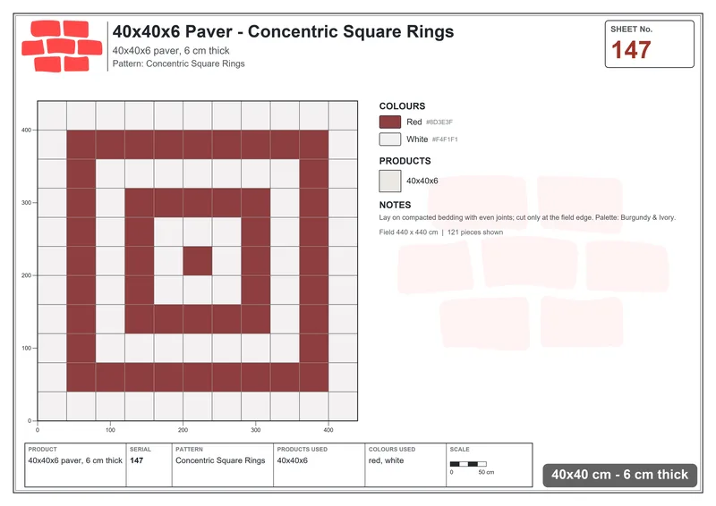 Interlock (Pasco) 40x40 cm · SQ44-147 · Concentric Square Rings · Laying plan Interlock (Pasco) 40x40 cm · SQ44-147 · Concentric Square Rings · Laying plan