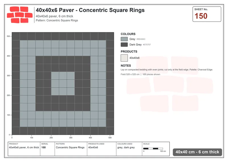 Interlock (Pasco) 40x40 cm · SQ44-150 · Concentric Square Rings · Laying plan Interlock (Pasco) 40x40 cm · SQ44-150 · Concentric Square Rings · Laying plan