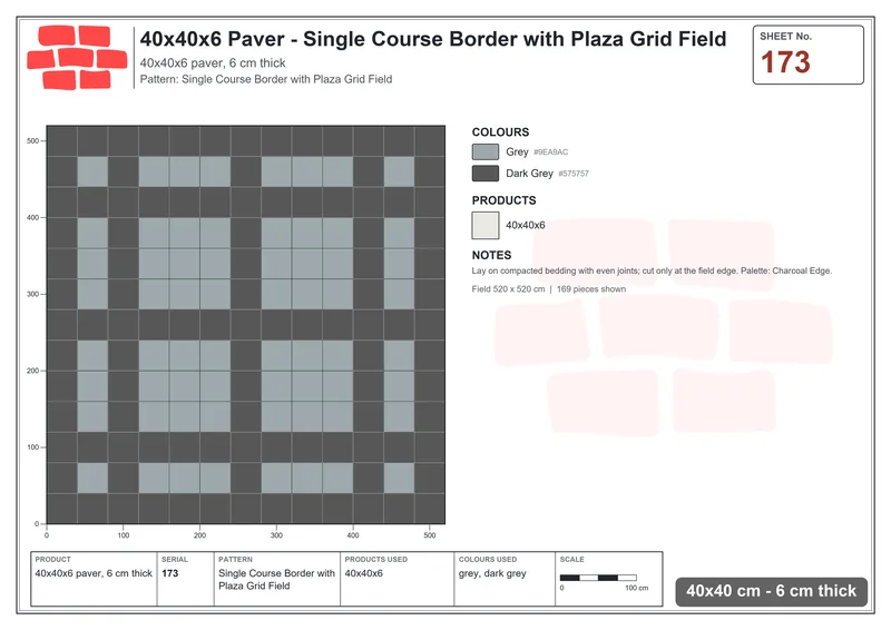 Interlock (Pasco) 40x40 cm · SQ44-173 · Single Course Border with Plaza Grid Field · Laying plan Interlock (Pasco) 40x40 cm · SQ44-173 · Single Course Border with Plaza Grid Field · Laying plan