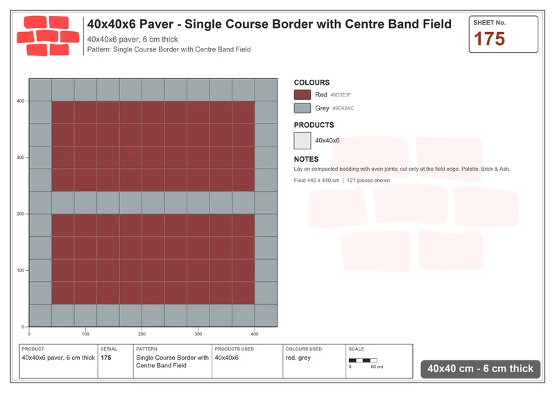 Interlock (Pasco) 40x40 cm · SQ44-175 · Single Course Border with Centre Band Field · Laying plan Interlock (Pasco) 40x40 cm · SQ44-175 · Single Course Border with Centre Band Field · Laying plan