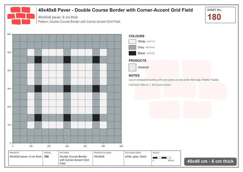 Interlock (Pasco) 40x40 cm · SQ44-180 · Double Course Border with Corner-Accent Grid Field · Laying plan Interlock (Pasco) 40x40 cm · SQ44-180 · Double Course Border with Corner-Accent Grid Field · Laying plan