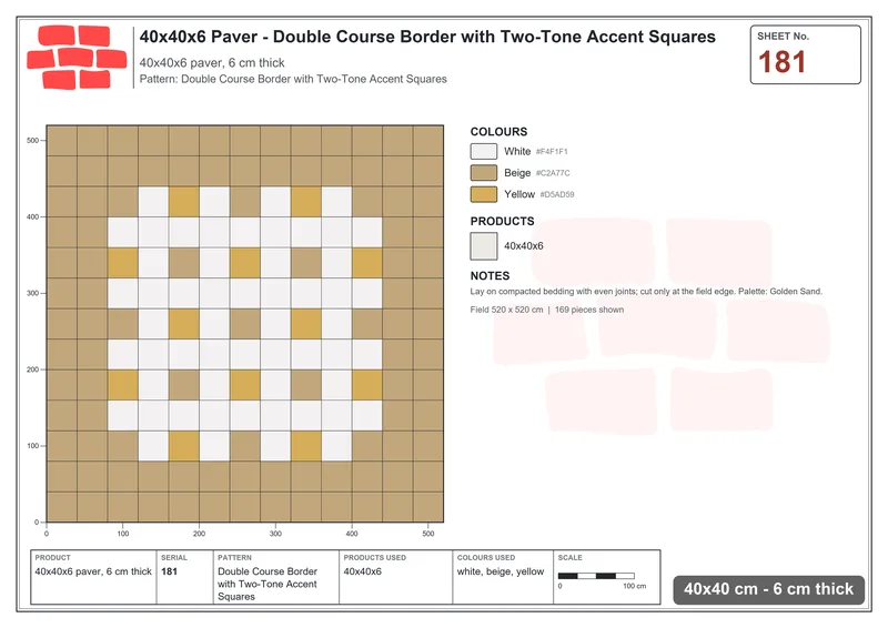 Interlock (Pasco) 40x40 cm · SQ44-181 · Double Course Border with Two-Tone Accent Squares · Laying plan Interlock (Pasco) 40x40 cm · SQ44-181 · Double Course Border with Two-Tone Accent Squares · Laying plan