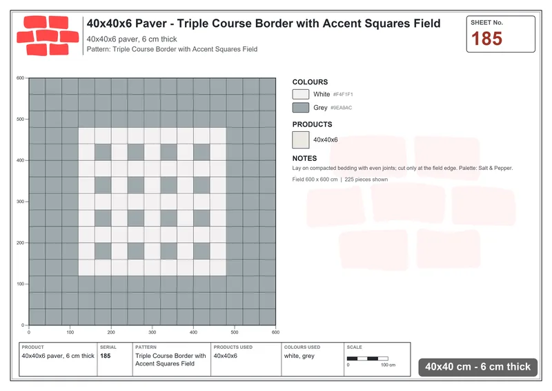 Interlock (Pasco) 40x40 cm · SQ44-185 · Triple Course Border with Accent Squares Field · Laying plan Interlock (Pasco) 40x40 cm · SQ44-185 · Triple Course Border with Accent Squares Field · Laying plan