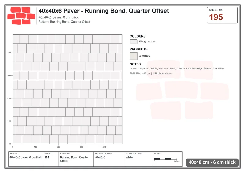 Interlock (Pasco) 40x40 cm · SQ44-195 · Running Bond, Quarter Offset · Laying plan Interlock (Pasco) 40x40 cm · SQ44-195 · Running Bond, Quarter Offset · Laying plan