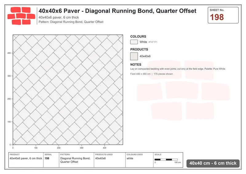 Interlock (Pasco) 40x40 cm · SQ44-198 · Diagonal Running Bond, Quarter Offset · Laying plan Interlock (Pasco) 40x40 cm · SQ44-198 · Diagonal Running Bond, Quarter Offset · Laying plan