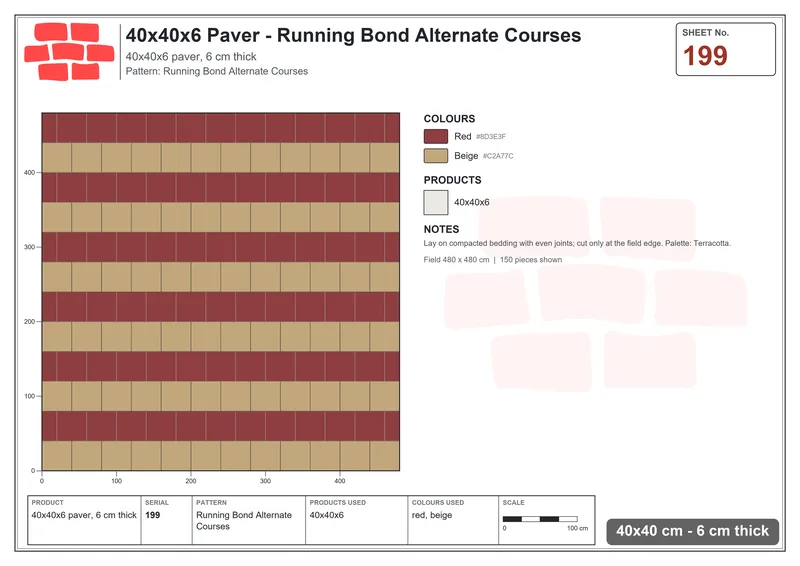 Interlock (Pasco) 40x40 cm · SQ44-199 · Running Bond Alternate Courses · Laying plan Interlock (Pasco) 40x40 cm · SQ44-199 · Running Bond Alternate Courses · Laying plan