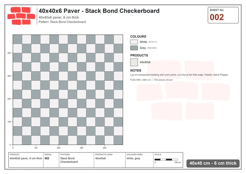 Interlock (Pasco) 40x40 cm · SQ44-2 · Stack Bond Checkerboard · Laying plan Interlock (Pasco) 40x40 cm · SQ44-2 · Stack Bond Checkerboard · Laying plan