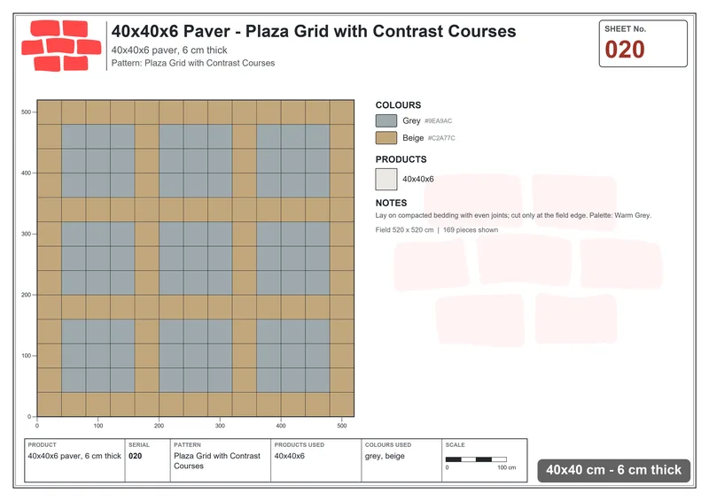 Interlock (Pasco) 40x40 cm · SQ44-20 · Plaza Grid with Contrast Courses · Laying plan Interlock (Pasco) 40x40 cm · SQ44-20 · Plaza Grid with Contrast Courses · Laying plan